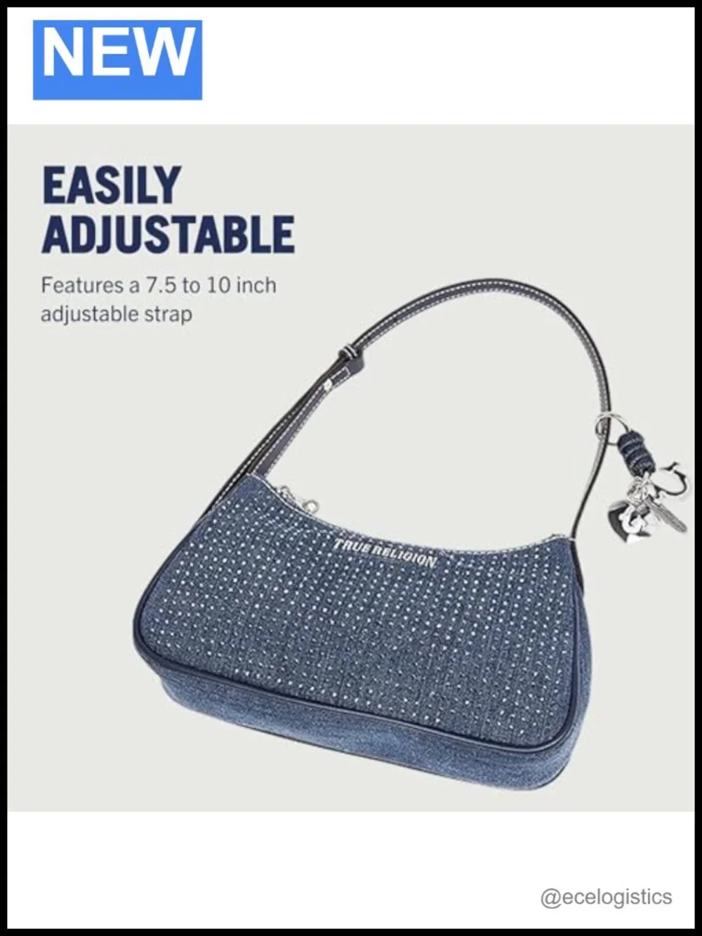 Denim Shoulder Bag with Sparkle Studs, Zip Top, Adjustable Strap